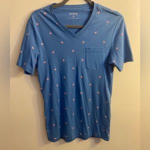 Express T-shirt blue with flamingos size XS v-neck chest pocket